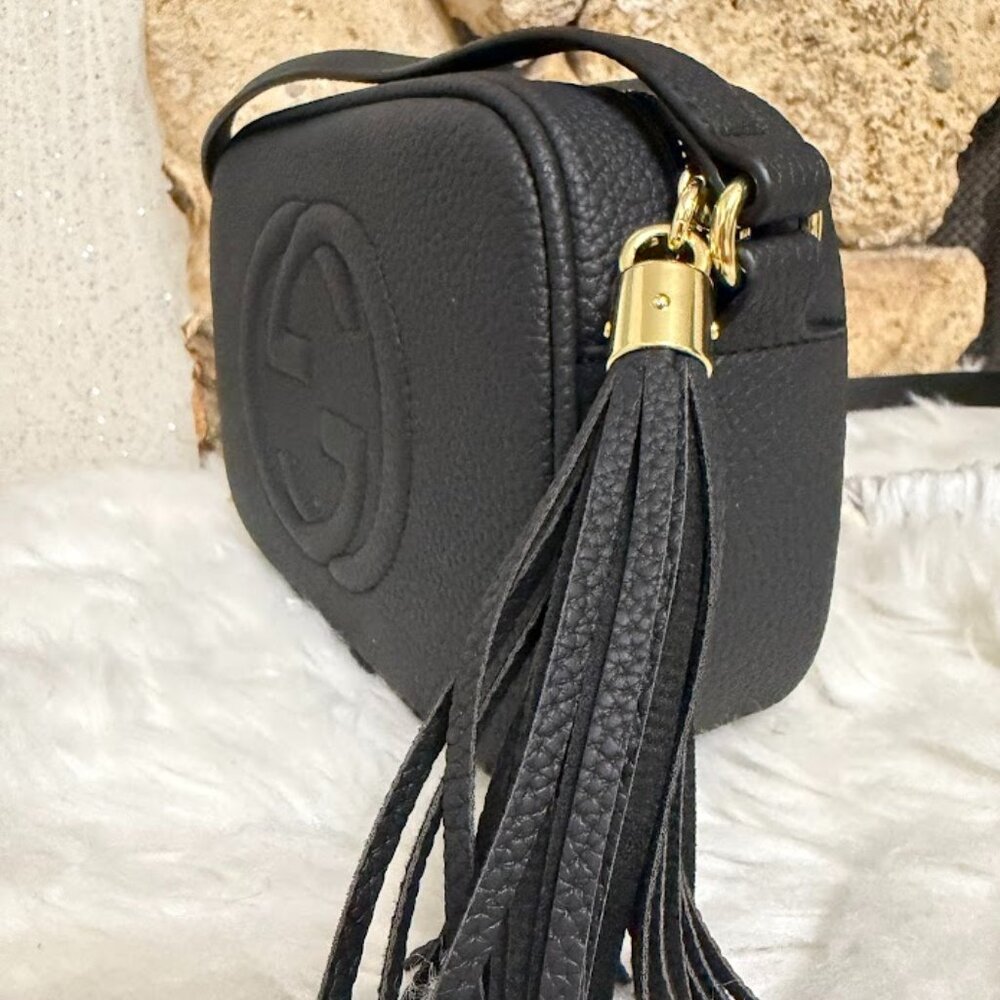 Textured Black Crossbody Camera Bag with Tassel Accent - Picture 4 of 9